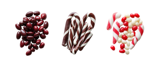 Three piles of assorted candies isolated on transparent background