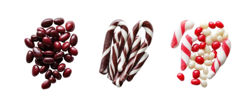 Three piles of assorted candies isolated on transparent background