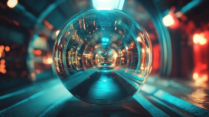 A fisheye lens perspective from inside a giant, clear Christmas bauble, looking out at a blurred futuristic room, playful and surreal