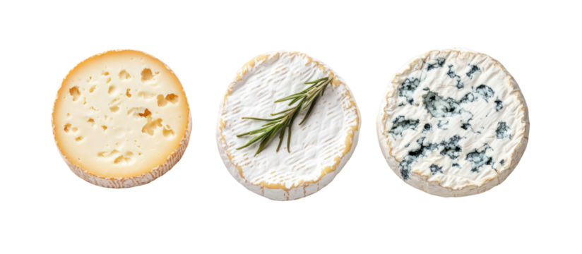 Three oval cheese varieties with herbs and spices isolated on transparent background