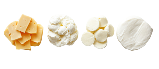 Four different types of cheese chunks isolated on transparent background