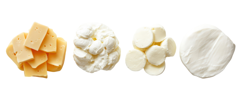 Four different types of cheese chunks isolated on transparent background