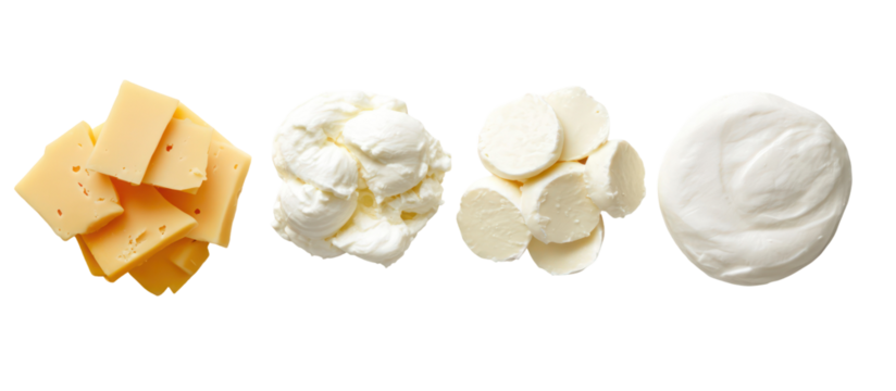 Four different types of cheese arranged in a row isolated on transparent background