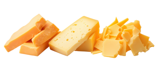 Pieces of cheddar cheese isolated on transparent background