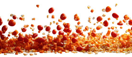 A cascade of colorful candy pieces falling isolated on transparent background