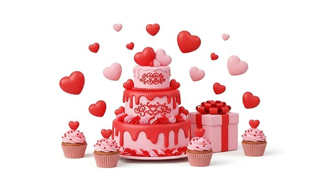 A vibrant red heart-shaped cake surrounded by cupcakes and floating hearts on a white background