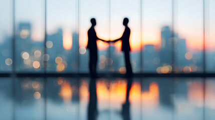 Business agreement concept showing blurred silhouette of business people shaking hands near large window in office building showing blurry cityscape. High quality