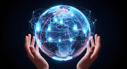 Human hands holding a glowing blue digital globe with interconnected network lines.