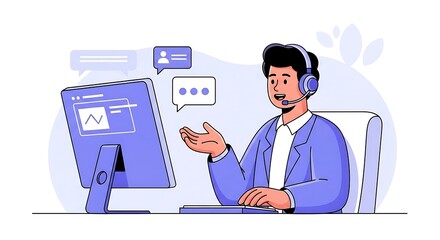 Professional customer service agent providing online support and technical assistance through virtual communication channels and digital platforms, ensuring efficient remote client interaction