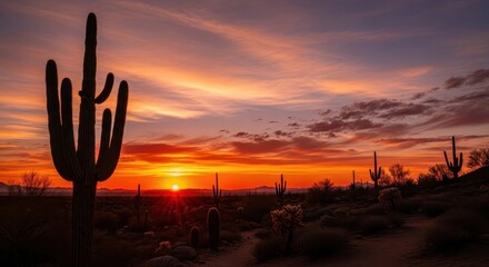 Arizona's serene desert landscape at dusk with saguaro cacti against dramatic sky