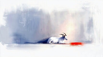 A white goat lies down on a white surface, with a vibrant red shape in front of it, against a backdrop of abstract brushstrokes.