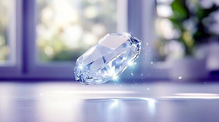 A single, faceted diamond is suspended in mid-air, reflecting light and surrounded by subtle sparkles.