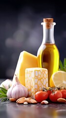 A collection of fresh food ingredients, including garlic, tomatoes, almonds, cheese, lemon, and olive oil, arranged on a dark surface.