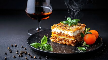 A delicious slice of lasagna, garnished with basil and tomatoes, is served with a glass of wine, creating an inviting dining experience.