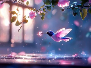 A small hummingbird with iridescent blue and pink feathers is captured in flight, its wings outstretched as it hovers near a delicate pink flower.