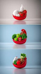 Three distinct arrangements of food and kitchen items are showcased in red, curved containers, each with a unique composition.