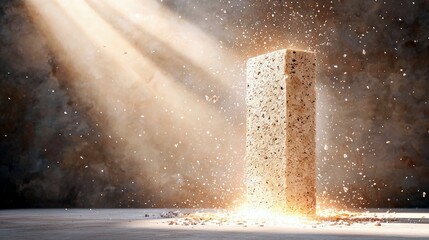A textured rectangular block is illuminated by dramatic rays of light, with debris and particles exploding outwards from its base.