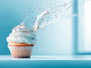 A delicious vanilla cupcake with creamy white frosting is topped with colorful sprinkles that appear to be bursting outwards.
