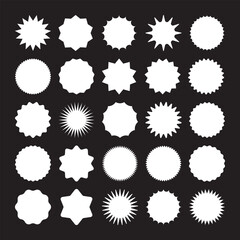 A collection white starburst and sunburst shape variations arranged in a rectangular grid on a black background