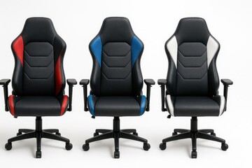 Obraz premium Row of three leather gaming chairs in different color accents on pure white background ergonomic gamer seat set for esport setup office desk and pc streaming design