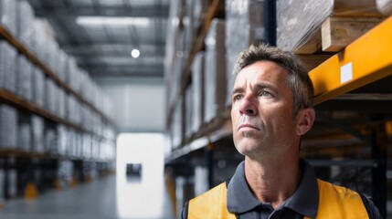bluecollar. A warehouse worker with a focused expression, highlighting dedication and hard work. safety posters, maintenance manuals, designed for precision metalworking and fabrication facilities.
