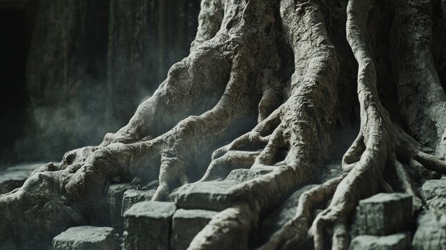 A tower of Angkor Wat, massive stone blocks intricately interwoven and reclaimed by giant, petrified banyan tree roots