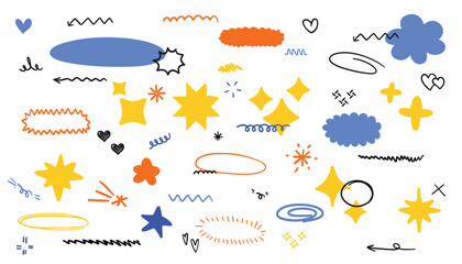 A collection of whimsical doodles in orange yellow and blue