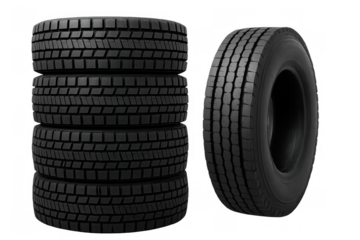 Truck tires stacked and standing, new rubber vehicle wheels with heavy duty tread pattern on transparent background