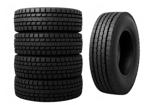Truck tires stacked and standing, new rubber vehicle wheels with heavy duty tread pattern on transparent background