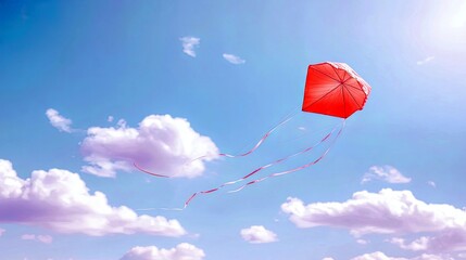 A red kite flies high in a blue sky with white and purple clouds, its ribbons trailing behind.