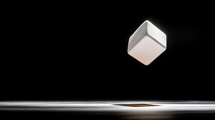 A white cube is suspended in mid-air, casting a shadow on a reflective surface below, illuminated by a spotlight.