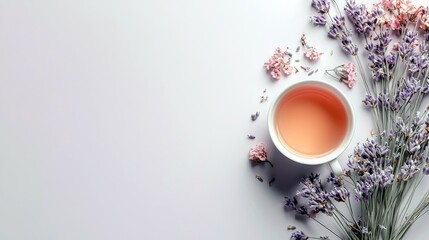 A white cup filled with a pale orange beverage is placed on a light gray surface next to a bunch of lavender flowers and scattered small pink blossoms.