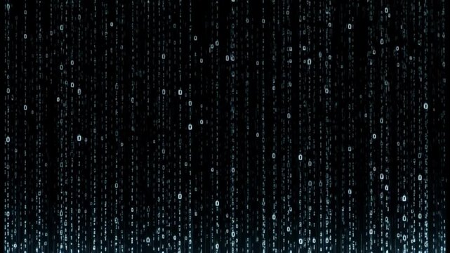 Matrix style binary code rain falling animation with green glowing numbers on black background in digital cyber hacker technology concept.
