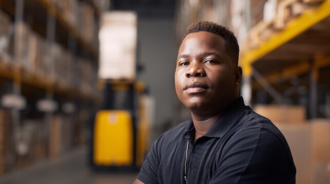 bluecollar. A warehouse worker with a focused expression, highlighting dedication and hard work. safety posters, maintenance manuals, designed for precision metalworking and fabrication facilities.
