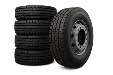 Stacked truck tires and one tire mounted on a wheel, new black rubber treads for heavy duty commercial vehicles