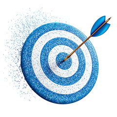 Arrow hitting the bulls eye on a vibrant blue target achieving success and focus concept
