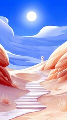 A surreal desert scene with a white staircase leading upwards through sandy dunes and rock formations under a bright sun.