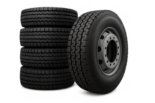 Stacked truck tires and one tire mounted on a wheel, new black rubber treads for heavy duty commercial vehicles