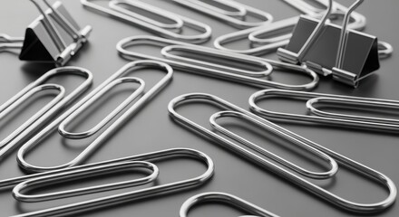 Arrangement of metallic paperclips and binder clips on a neutral backdrop surface
