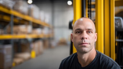 bluecollar. A warehouse worker with a focused expression, highlighting dedication and hard work. safety posters, maintenance manuals, designed for precision metalworking and fabrication facilities.
