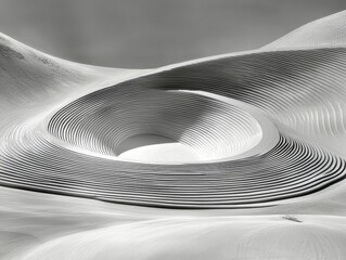 A monochrome architectural concept featuring a central vortex of concentric lines surrounded by undulating, smooth surfaces.