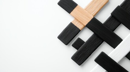 A minimalist composition featuring textured bars in black, white, and natural wood, arranged in an overlapping, crisscross pattern on a plain white surface.