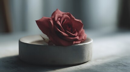 Closeup Red Rose on White Ceramic Plate in Soft Natural Light. HD Wallpaper.