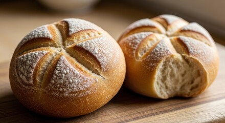 Fototapeta premium Artisan bread rolls sprinkled with flour offer a tempting glimpse of bakery freshness and rustic