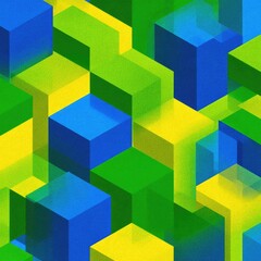 Obraz premium An abstract pattern of overlapping blue, green, and yellow isometric cubes and blocks