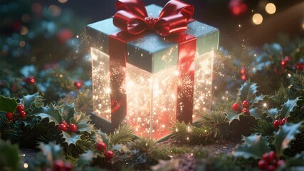A glowing gift box with magical light, holiday present and christmas box festive sparkle scene evergreen wreath, red ribbon, holly berries, winter decor, cozy night celebration mood with enchanting - Powered by Adobe