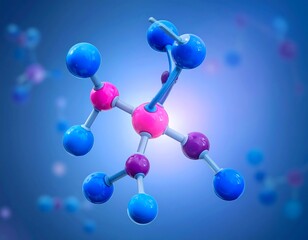 Colorful 3D molecular model illustration, spherical shapes, on blue background