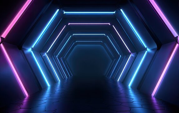 Futuristic glowing hexagonal tunnel with vibrant blue and pink neon lights - Powered by Adobe