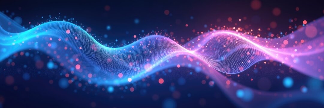 Vibrant, abstract digital wave formation flows across a dark background, featuring a luminescent display of particles, light points, and a gradient of blue, purple, and pink hues, generating a... - Powered by Adobe