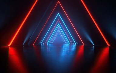 Neon-lit triangular tunnel in red and blue, reflecting on a dark, wet floor